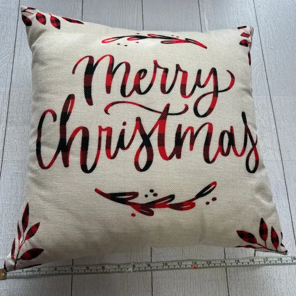 Merry Christmas Red Black Plaid Script Throw Pillow